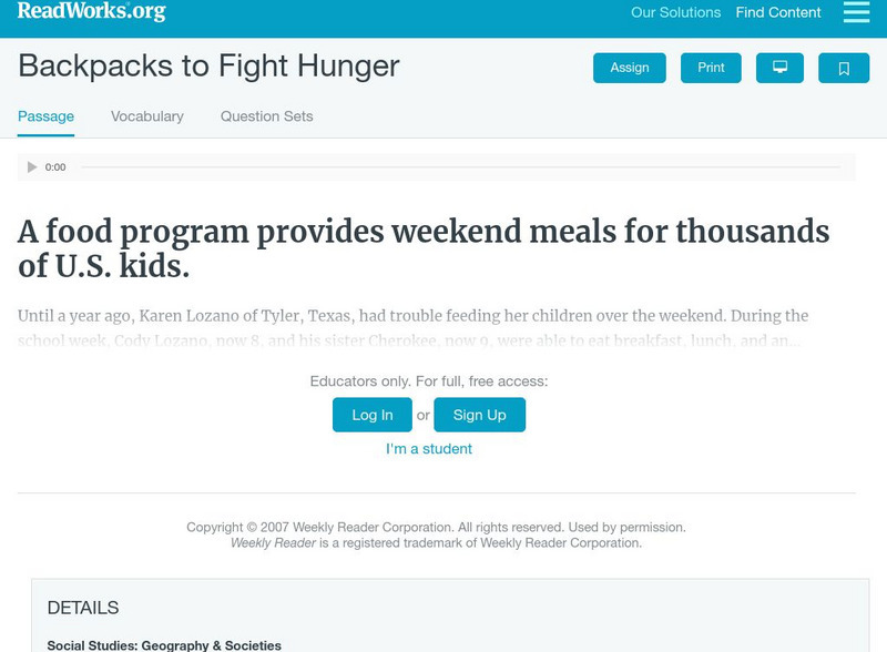 Read Works: Backpacks to Fight Hunger Activity