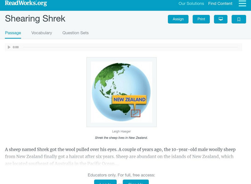 Read Works: Shearing Shrek Activity