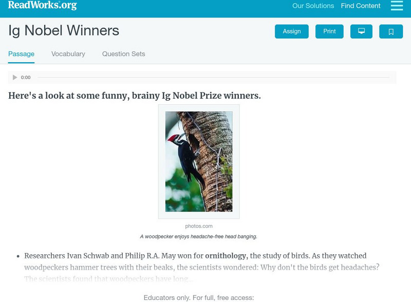 Read Works: Ig Nobel Winners Activity Read Works: Ig Nobel Winners Activity