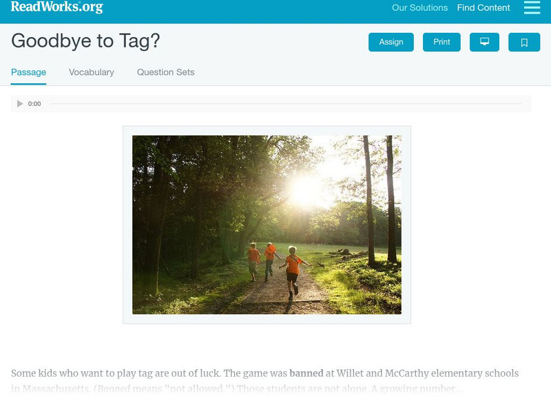 Read Works: Goodbye to Tag Activity Read Works: Goodbye to Tag Activity