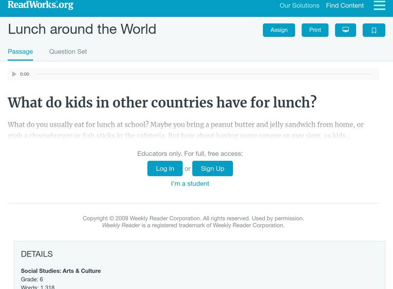 Read Works: Lunch Around the World Activity