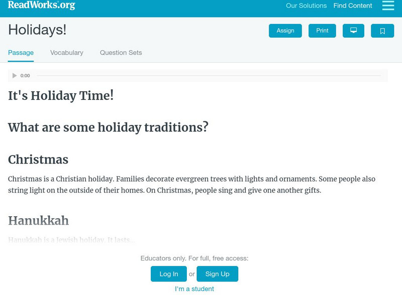 Read Works: Holidays! Activity Read Works: Holidays! Activity