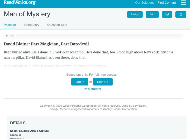 Read Works: Man of Mystery Activity