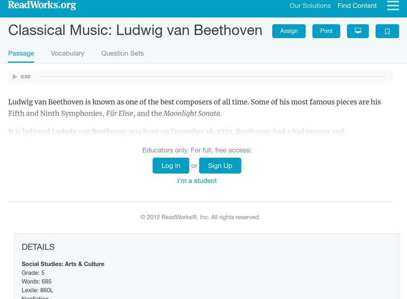Read Works: Classical Music: Ludwig Van Beethoven Activity Read Works: Classical Music: Ludwig Van Beethoven Activity