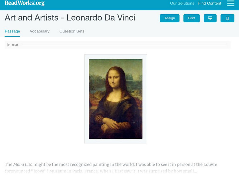 Read Works: Art and Artists Leonardo Da Vinci Activity Read Works: Art and Artists Leonardo Da Vinci Activity