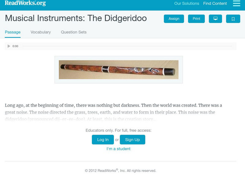 Read Works: Musical Instruments the Didgeridoo Activity Read Works: Musical Instruments the Didgeridoo Activity
