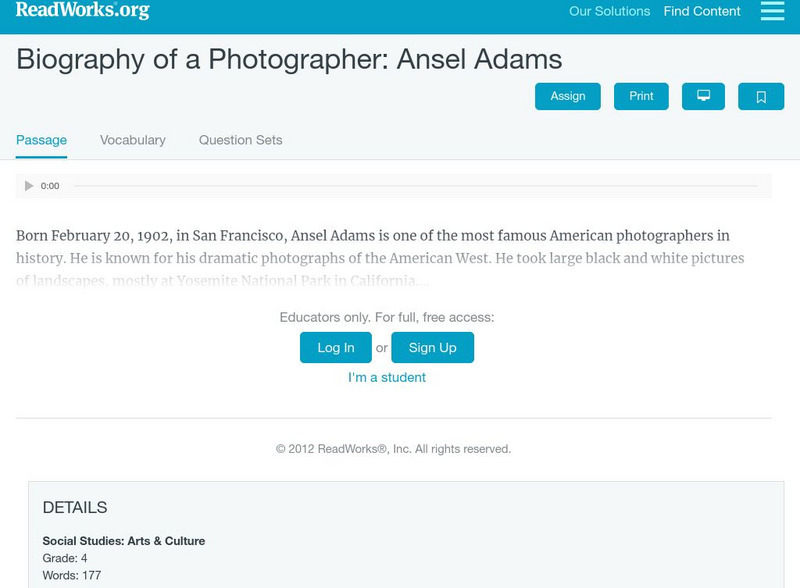 Read Works: Forms of Art Ansel Adams Activity Read Works: Forms of Art Ansel Adams Activity