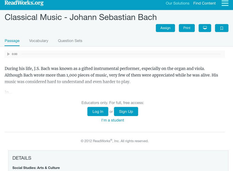 Read Works: Classical Music: Johann Sebastian Bach Activity Read Works: Classical Music: Johann Sebastian Bach Activity