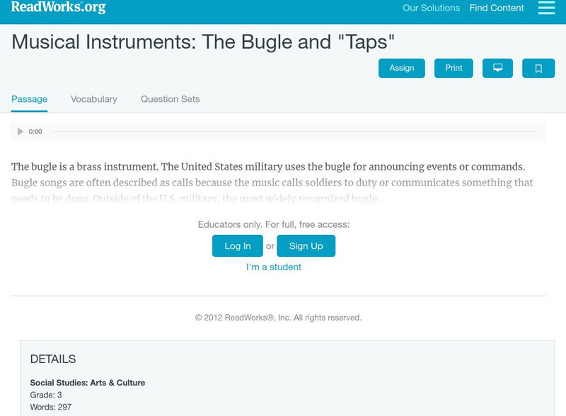 Read Works: Musical Instruments the Bugle and Taps Activity Read Works: Musical Instruments the Bugle and Taps Activity