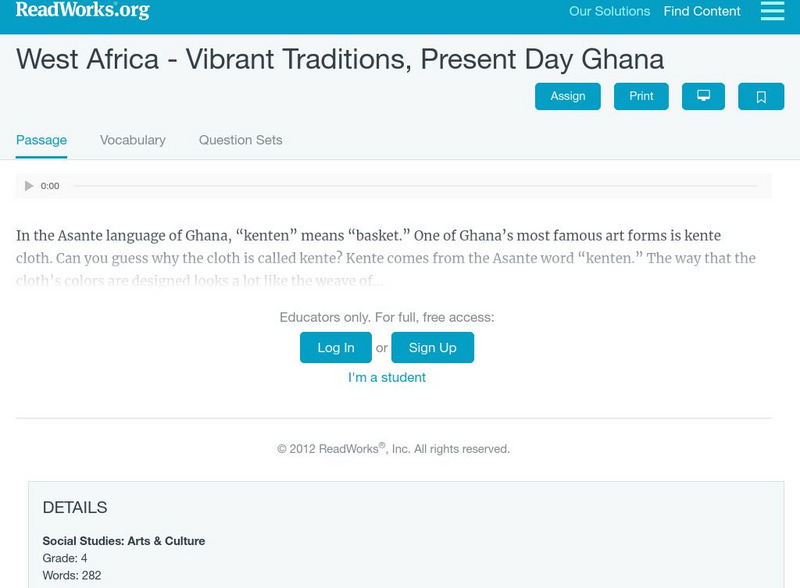 Read Works: West Africa Vibrant Traditions, Present Day Ghana Activity