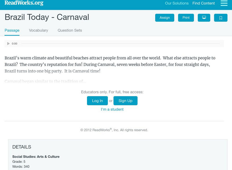 Read Works: Brazil Today: Carnaval Activity Read Works: Brazil Today: Carnaval Activity