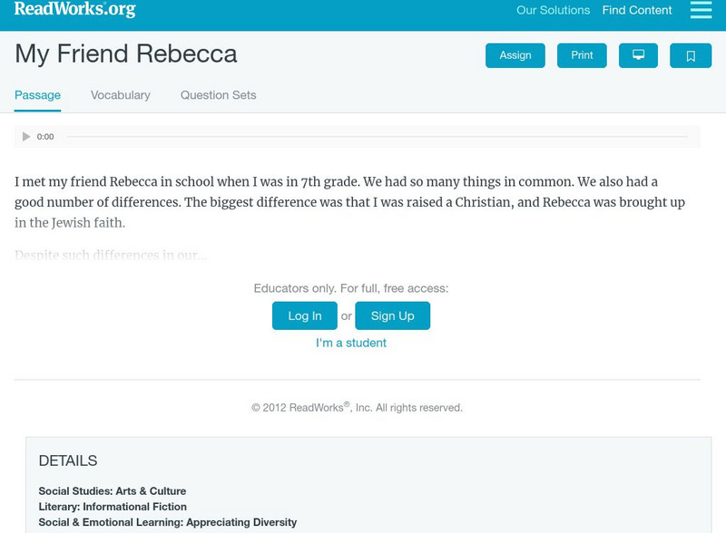 Read Works: Judaism My Friend Rebecca Activity Read Works: Judaism My Friend Rebecca Activity