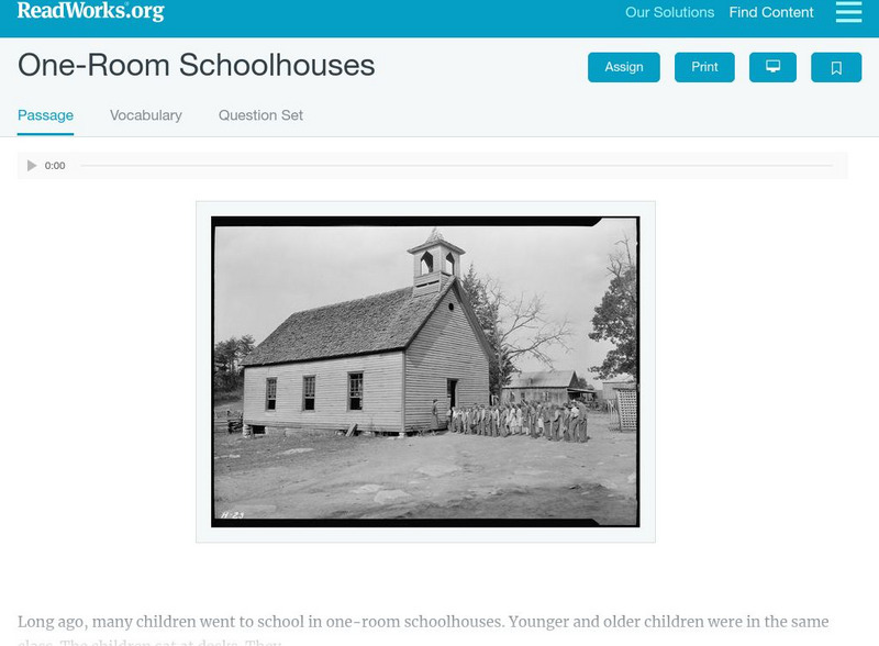 Read Works: One Room Schoolhouses Activity Read Works: One Room Schoolhouses Activity