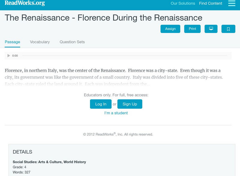 Read Works: The Renaissance Florence During the Renaissance Activity Read Works: The Renaissance Florence During the Renaissance Activity