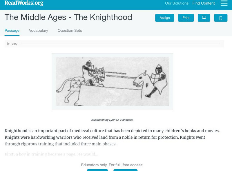 Read Works: The Middle Ages the Knighthood Activity