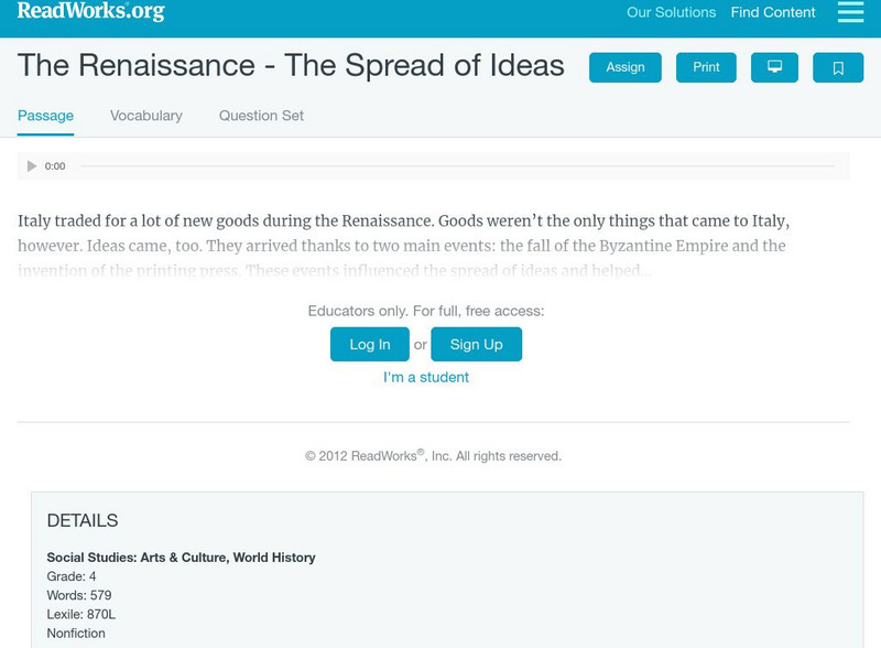 Read Works: The Renaissance Renaissance: The Spread of Ideas Activity Read Works: The Renaissance Renaissance: The Spread of Ideas Activity