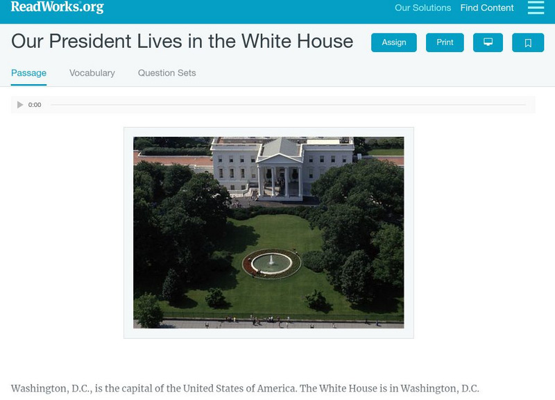 Read Works: Our President Lives in the White House Activity Read Works: Our President Lives in the White House Activity