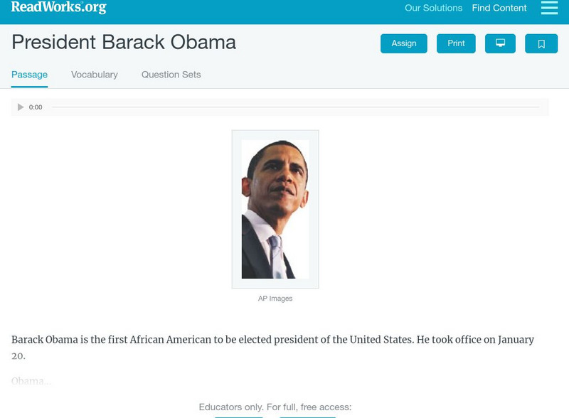 Read Works: President Barack Obama Activity Read Works: President Barack Obama Activity