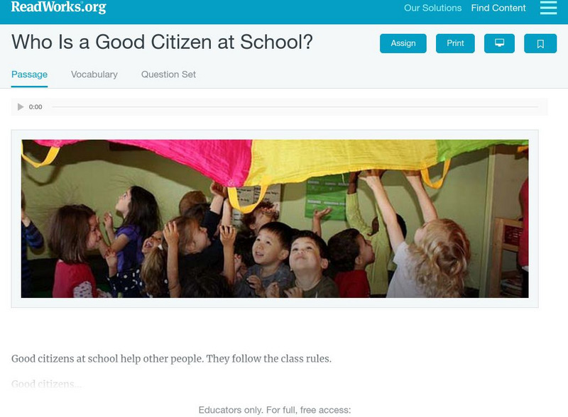 Read Works: Who Is a Good Citizen at School? Activity Read Works: Who Is a Good Citizen at School? Activity