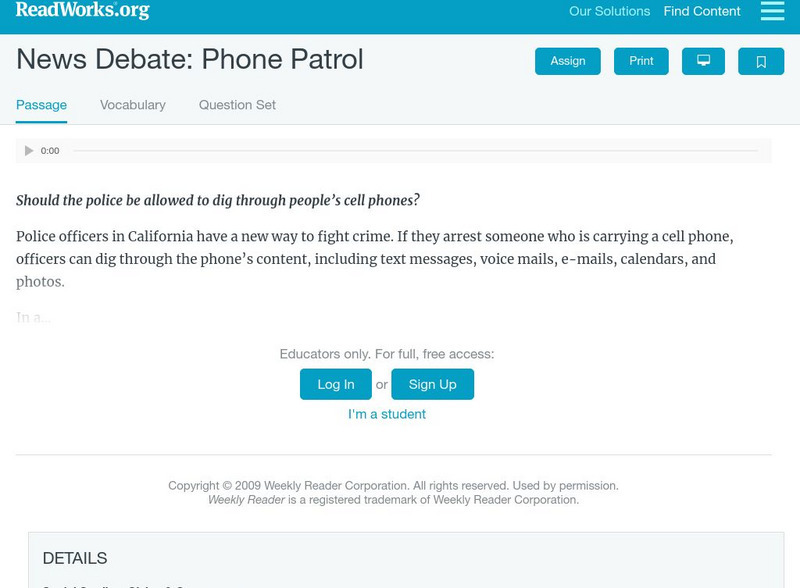 Read Works: News Debate Phone Patrol Activity Read Works: News Debate Phone Patrol Activity