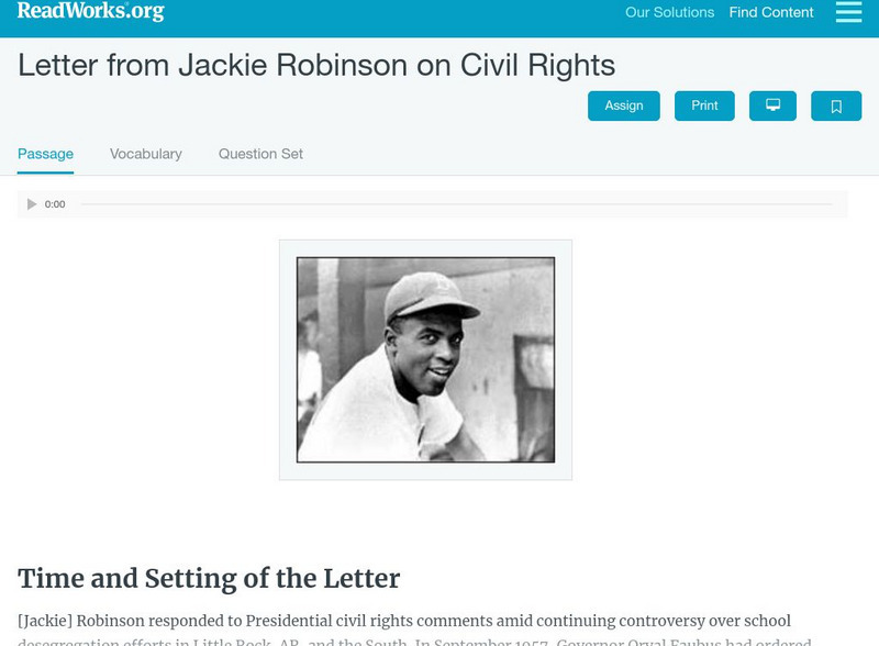 Read Works: Letter From Jackie Robinson on Civil Rights Activity Read Works: Letter From Jackie Robinson on Civil Rights Activity