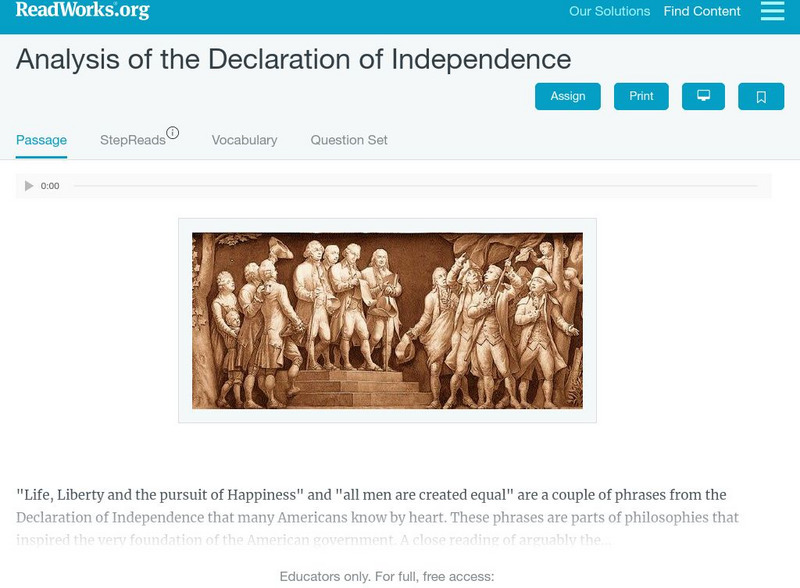 Read Works: Analysis of the Declaration of Independence Unit Plan Read Works: Analysis of the Declaration of Independence Unit Plan