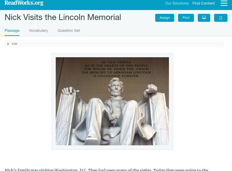 Read Works: Nick Visits the Lincoln Memorial Activity Read Works: Nick Visits the Lincoln Memorial Activity