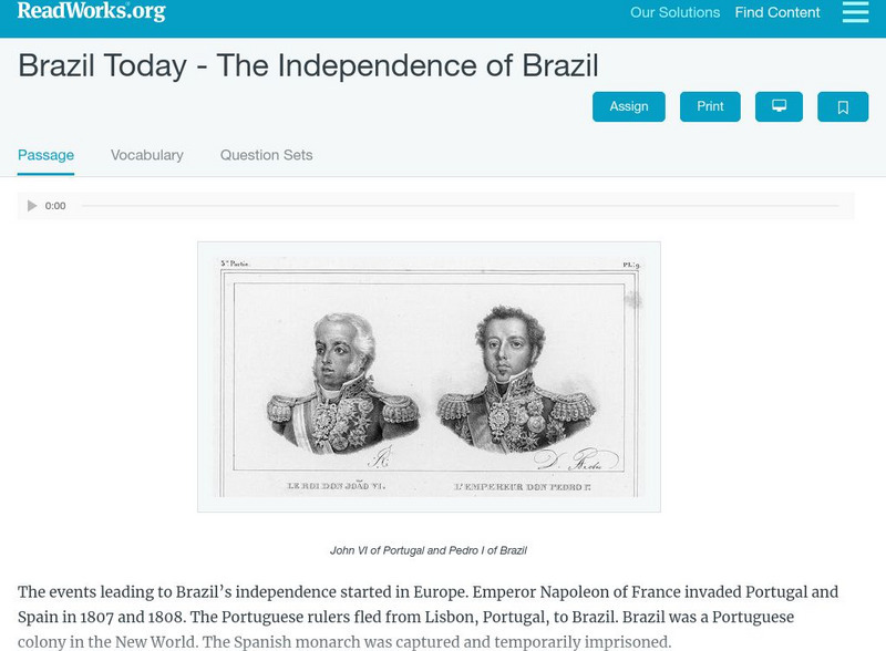 Read Works: Brazil Today the Independence of Brazil Activity Read Works: Brazil Today the Independence of Brazil Activity