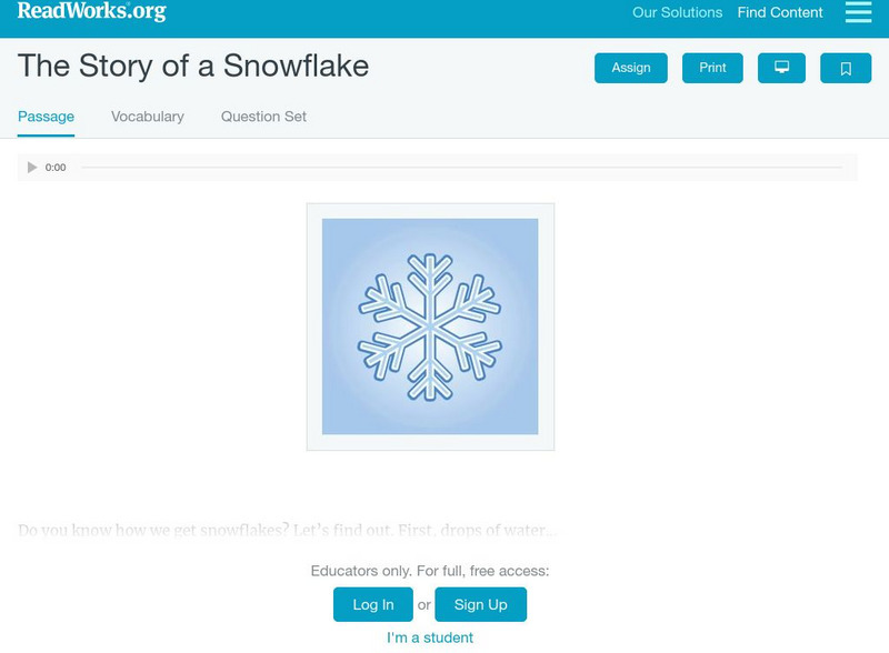 Read Works: The Story of a Snowflake Activity Read Works: The Story of a Snowflake Activity