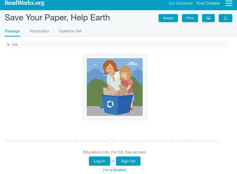 Read Works: Save Your Paper, Help Earth Activity Read Works: Save Your Paper, Help Earth Activity