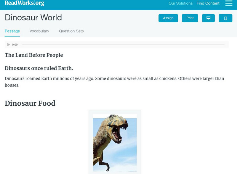 Read Works: Dinosaur World Activity Read Works: Dinosaur World Activity