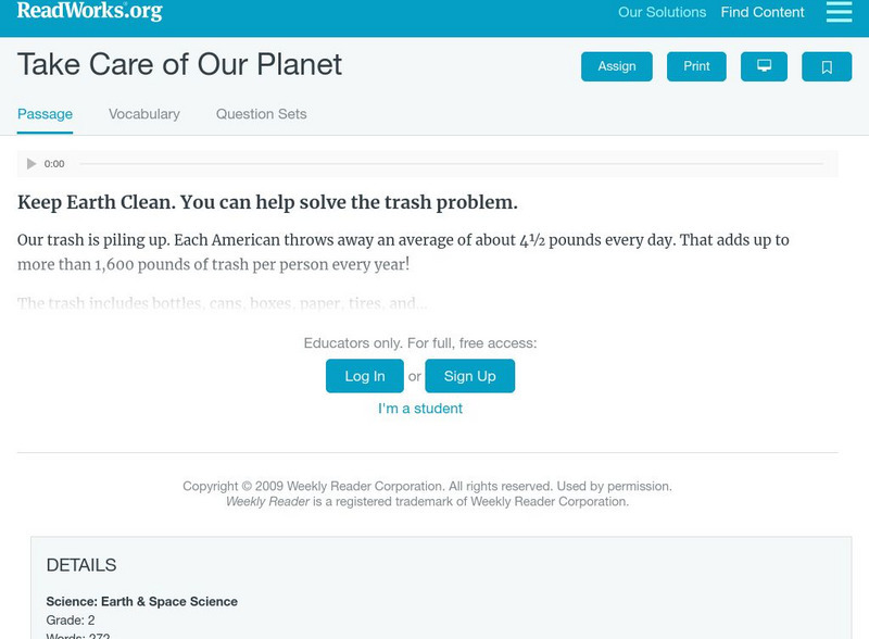 Read Works: Take Care of Our Planet Activity Read Works: Take Care of Our Planet Activity