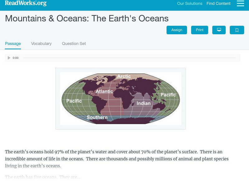 Read Works: Mountains and Oceans: The Earth's Oceans Activity Read Works: Mountains and Oceans: The Earth's Oceans Activity