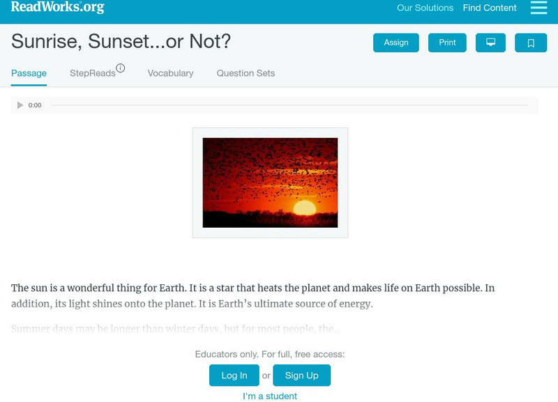 Read Works: Sunrise, Sunset, or Not? Activity