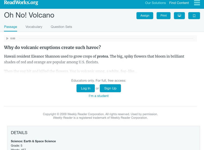 Read Works: Oh No! Volcano Activity Read Works: Oh No! Volcano Activity