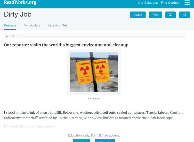 Read Works: Dirty Job Activity Read Works: Dirty Job Activity