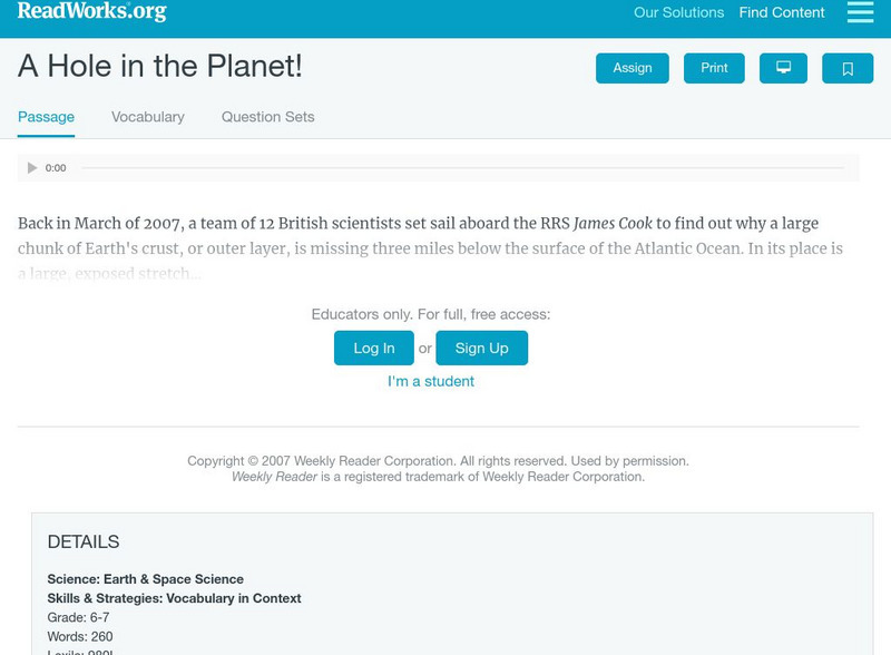Read Works: A Hole in the Planet! Activity Read Works: A Hole in the Planet! Activity