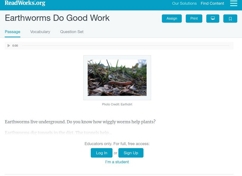 Read Works: Earthworms Do Good Work Activity Read Works: Earthworms Do Good Work Activity
