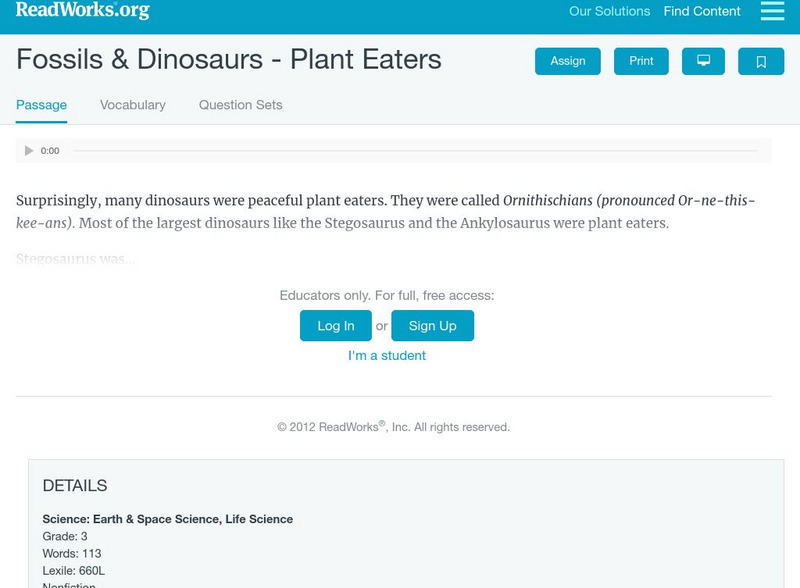 Read Works: Fossils & Dinosaurs Plant Eaters Activity Read Works: Fossils & Dinosaurs Plant Eaters Activity