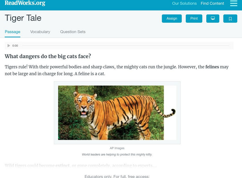 Read Works: Tiger Tale Activity Read Works: Tiger Tale Activity