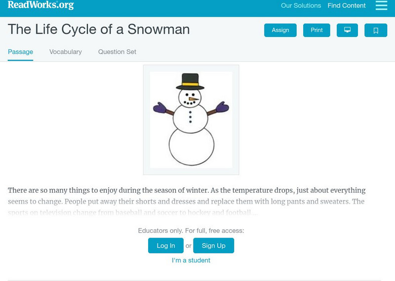 Read Works: The Life Cycle of a Snowman Activity Read Works: The Life Cycle of a Snowman Activity