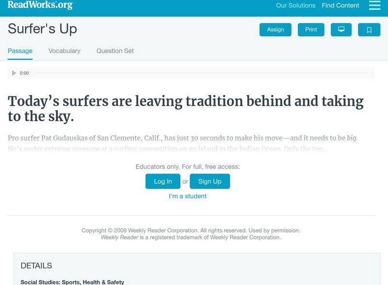 Read Works: Surfer's Up Activity