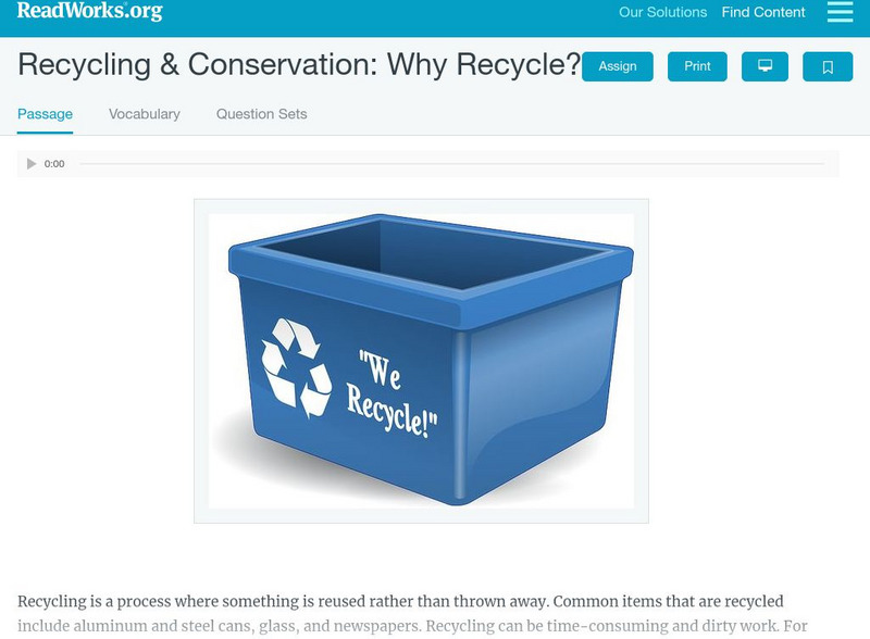 Read Works: Recycling and Conservation Why Recycle? Activity Read Works: Recycling and Conservation Why Recycle? Activity