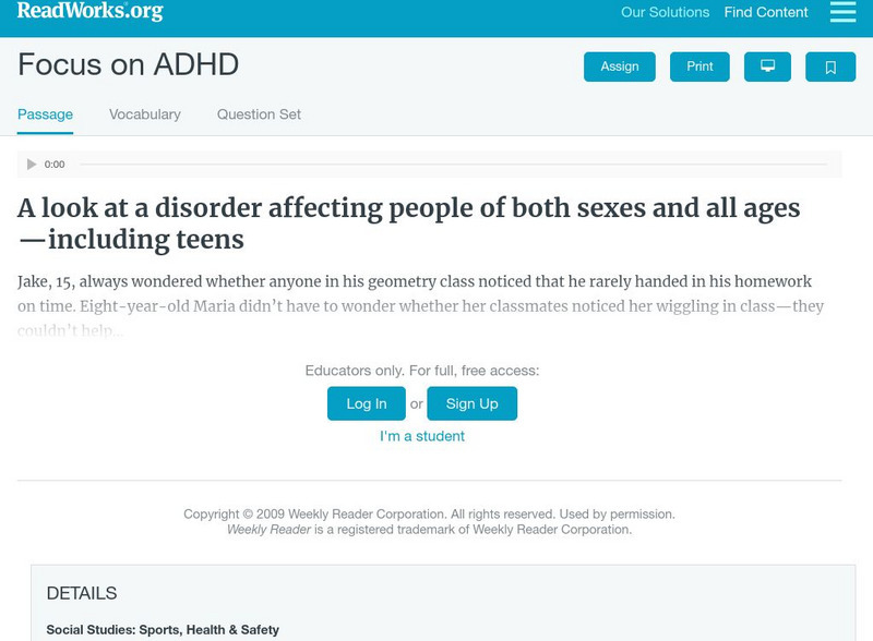 Read Works: Focus on Adhd Activity Read Works: Focus on Adhd Activity