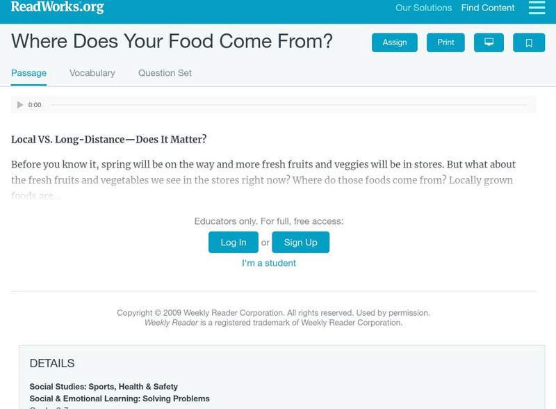Read Works: Where Does Your Food Come From? Activity Read Works: Where Does Your Food Come From? Activity