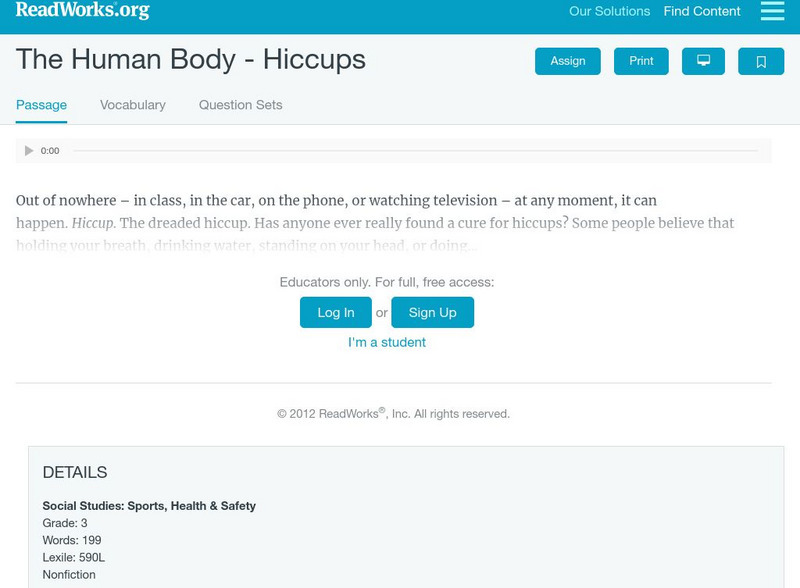 Read Works: The Human Body Hiccups Activity