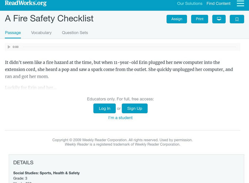 Read Works: A Fire Safety Checklist Activity Read Works: A Fire Safety Checklist Activity