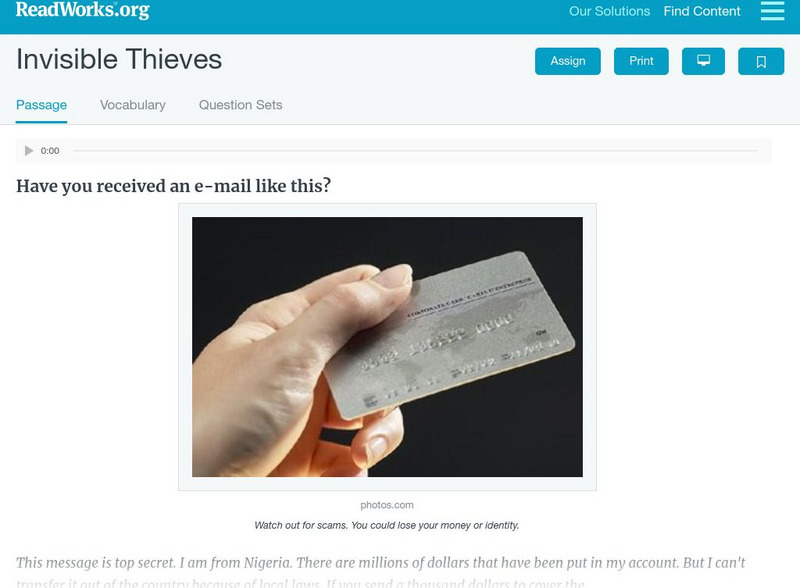 Read Works: Invisible Thieves Activity Read Works: Invisible Thieves Activity