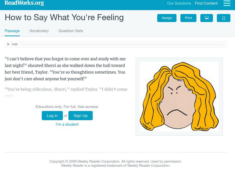 Read Works: How to Say What You're Really Feeling Activity Read Works: How to Say What You're Really Feeling Activity
