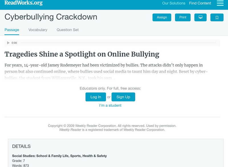 Read Works: Cyberbullying Crackdown Activity Read Works: Cyberbullying Crackdown Activity